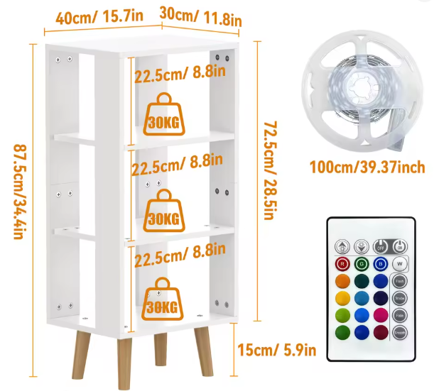 Moderne 4-laags Boekenplank en Nachtkastje – Open Plank Organizer met Lades, Gouden Handgrepen, Lichtstrip en Stopcontact voor Compacte Ruimtes