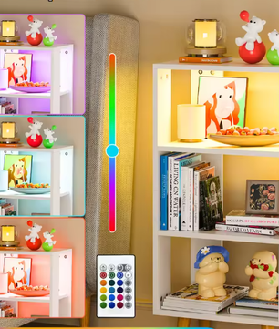 Moderne 4-laags Boekenplank en Nachtkastje – Open Plank Organizer met Lades, Gouden Handgrepen, Lichtstrip en Stopcontact voor Compacte Ruimtes