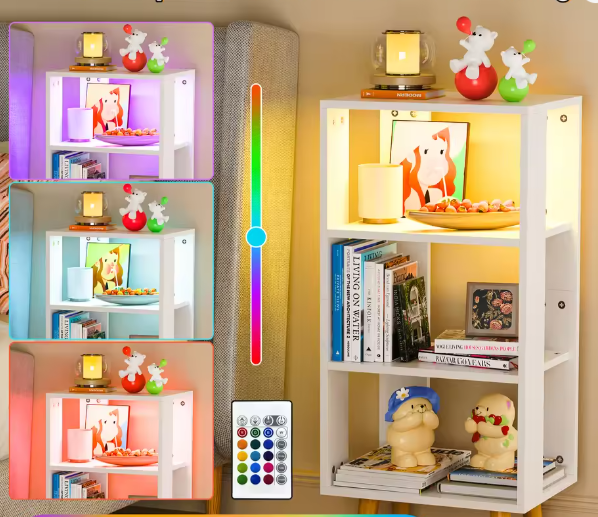 Moderne 4-laags Boekenplank en Nachtkastje – Open Plank Organizer met Lades, Gouden Handgrepen, Lichtstrip en Stopcontact voor Compacte Ruimtes