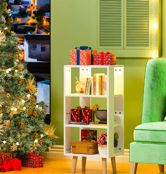 Moderne 4-laags Boekenplank en Nachtkastje – Open Plank Organizer met Lades, Gouden Handgrepen, Lichtstrip en Stopcontact voor Compacte Ruimtes