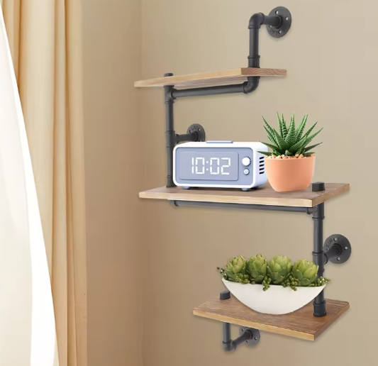 3-laags Vintage Industriële Wandplank – Houten Opbergplank met Metaal, Modern Displayrek voor Woonkamer, Keuken en Badkamer