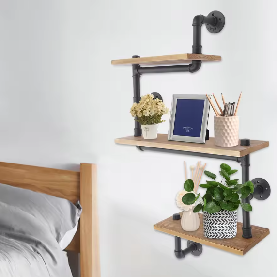 3-laags Vintage Industriële Wandplank – Houten Opbergplank met Metaal, Modern Displayrek voor Woonkamer, Keuken en Badkamer