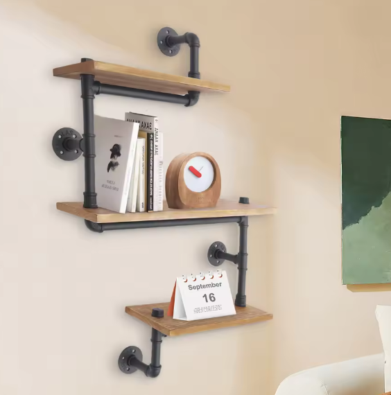3-laags Vintage Industriële Wandplank – Houten Opbergplank met Metaal, Modern Displayrek voor Woonkamer, Keuken en Badkamer
