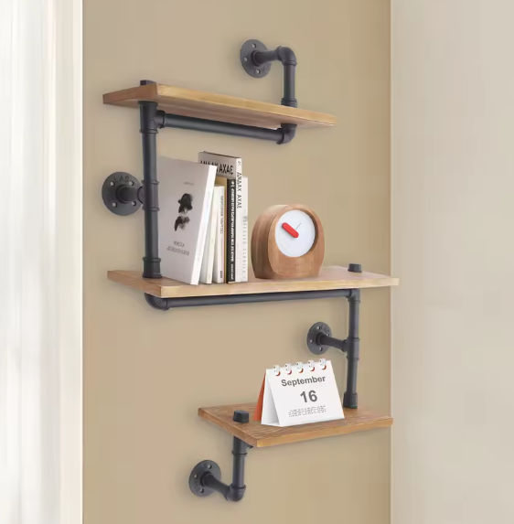 3-laags Vintage Industriële Wandplank – Houten Opbergplank met Metaal, Modern Displayrek voor Woonkamer, Keuken en Badkamer