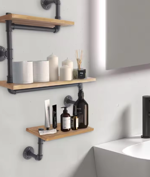 3-laags Vintage Industriële Wandplank – Houten Opbergplank met Metaal, Modern Displayrek voor Woonkamer, Keuken en Badkamer