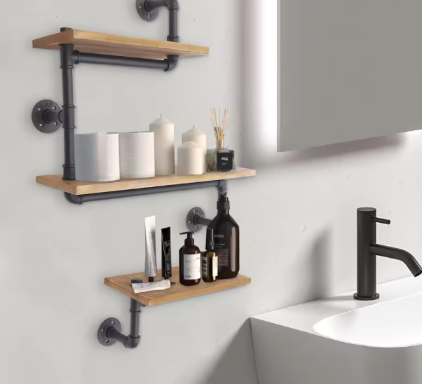 3-laags Vintage Industriële Wandplank – Houten Opbergplank met Metaal, Modern Displayrek voor Woonkamer, Keuken en Badkamer