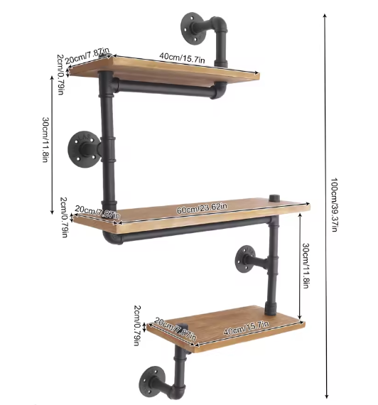 3-laags Vintage Industriële Wandplank – Houten Opbergplank met Metaal, Modern Displayrek voor Woonkamer, Keuken en Badkamer
