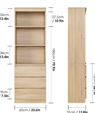 Hoge Boekenkast met 3 Laden en 3 Planken – Moderne Vrijstaande Opbergkast voor Woonkamer of Kantoor, 60x35x180 cm