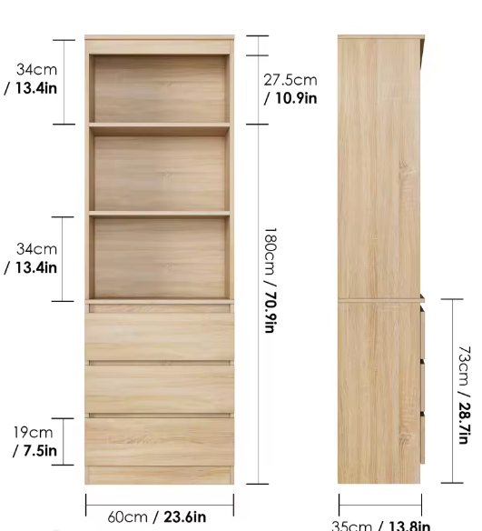 Hoge Boekenkast met 3 Laden en 3 Planken – Moderne Vrijstaande Opbergkast voor Woonkamer of Kantoor, 60x35x180 cm