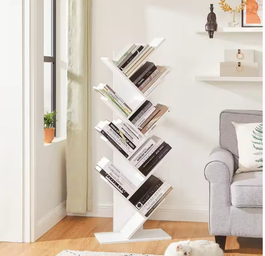 Boomvormige Boekenkast met 8 Planken – Moderne Houten Staande Boekenplank voor Woonkamer of Kantoor, Compact en Stabiel Ontwerp