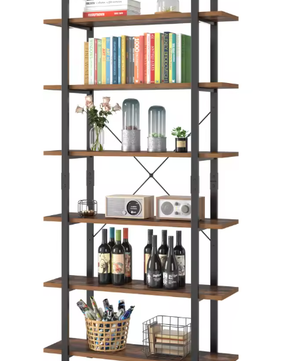 Boekenkast met 6 Planken – Industriële Opbergkast van Metaal en Hout, Hoge Zwarte Boekenplank voor Woonkamer, Keuken of Kantoor, 105,2×33×210,5 cm