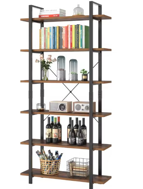 Boekenkast met 6 Planken – Industriële Opbergkast van Metaal en Hout, Hoge Zwarte Boekenplank voor Woonkamer, Keuken of Kantoor, 105,2×33×210,5 cm