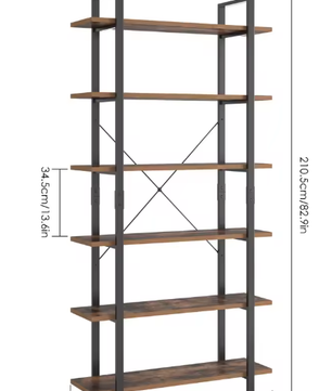 Boekenkast met 6 Planken – Industriële Opbergkast van Metaal en Hout, Hoge Zwarte Boekenplank voor Woonkamer, Keuken of Kantoor, 105,2×33×210,5 cm