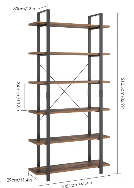 Boekenkast met 6 Planken – Industriële Opbergkast van Metaal en Hout, Hoge Zwarte Boekenplank voor Woonkamer, Keuken of Kantoor, 105,2×33×210,5 cm