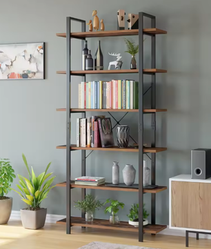 Boekenkast met 6 Planken – Industriële Opbergkast van Metaal en Hout, Hoge Zwarte Boekenplank voor Woonkamer, Keuken of Kantoor, 105,2×33×210,5 cm