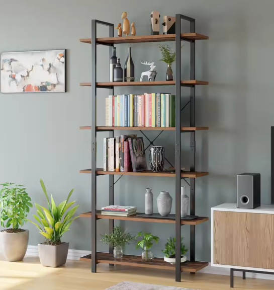 Boekenkast met 6 Planken – Industriële Opbergkast van Metaal en Hout, Hoge Zwarte Boekenplank voor Woonkamer, Keuken of Kantoor, 105,2×33×210,5 cm