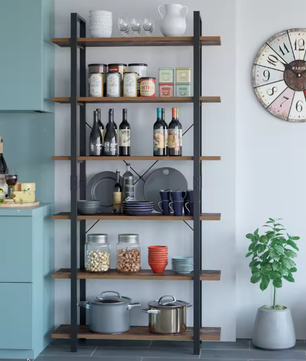 Boekenkast met 6 Planken – Industriële Opbergkast van Metaal en Hout, Hoge Zwarte Boekenplank voor Woonkamer, Keuken of Kantoor, 105,2×33×210,5 cm