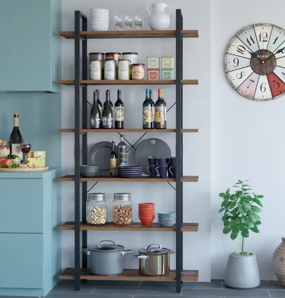 Boekenkast met 6 Planken – Industriële Opbergkast van Metaal en Hout, Hoge Zwarte Boekenplank voor Woonkamer, Keuken of Kantoor, 105,2×33×210,5 cm