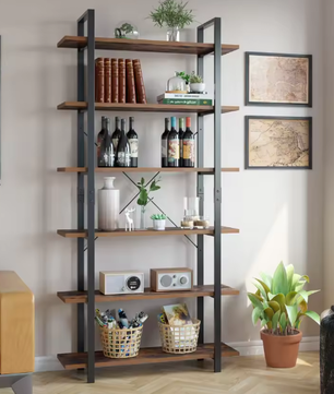 Boekenkast met 6 Planken – Industriële Opbergkast van Metaal en Hout, Hoge Zwarte Boekenplank voor Woonkamer, Keuken of Kantoor, 105,2×33×210,5 cm