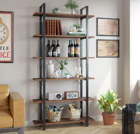 Boekenkast met 6 Planken – Industriële Opbergkast van Metaal en Hout, Hoge Zwarte Boekenplank voor Woonkamer, Keuken of Kantoor, 105,2×33×210,5 cm