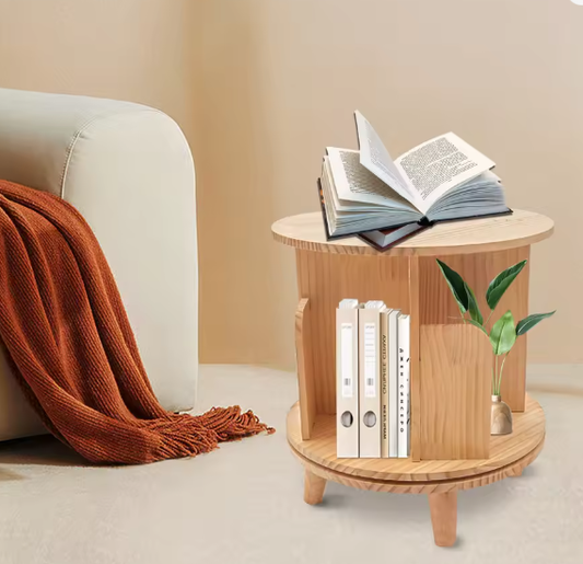 360° Draaibare Houten Boekenplank – Minimalistisch Vloerstaand Opbergrek met 4 Compartimenten, Stabiel Roterend Chassis en Duurzaam Grenenhout, Ideaal voor Woonkamer, Slaapkamer of Kinderkamer