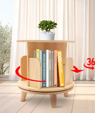 360° Draaibare Houten Boekenplank – Minimalistisch Vloerstaand Opbergrek met 4 Compartimenten, Stabiel Roterend Chassis en Duurzaam Grenenhout, Ideaal voor Woonkamer, Slaapkamer of Kinderkamer