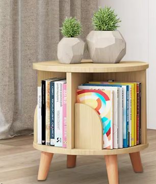 360° Draaibare Houten Boekenplank – Minimalistisch Vloerstaand Opbergrek met 4 Compartimenten, Stabiel Roterend Chassis en Duurzaam Grenenhout, Ideaal voor Woonkamer, Slaapkamer of Kinderkamer