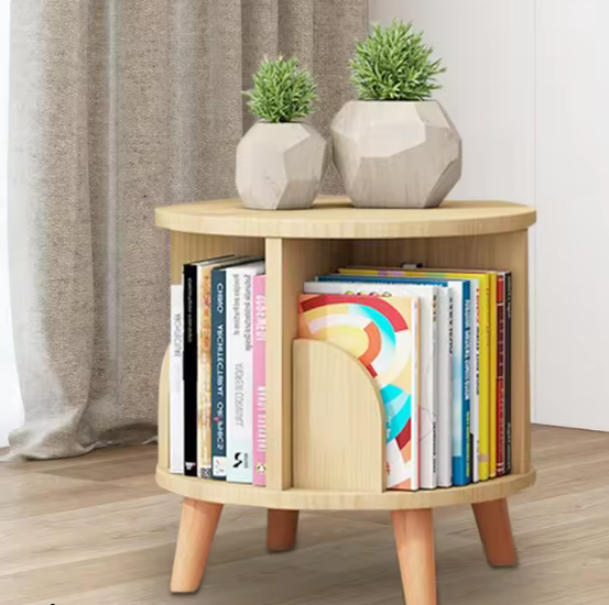 360° Draaibare Houten Boekenplank – Minimalistisch Vloerstaand Opbergrek met 4 Compartimenten, Stabiel Roterend Chassis en Duurzaam Grenenhout, Ideaal voor Woonkamer, Slaapkamer of Kinderkamer