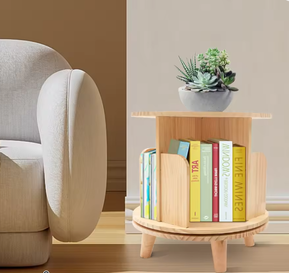 360° Draaibare Houten Boekenplank – Minimalistisch Vloerstaand Opbergrek met 4 Compartimenten, Stabiel Roterend Chassis en Duurzaam Grenenhout, Ideaal voor Woonkamer, Slaapkamer of Kinderkamer