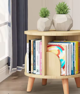 360° Draaibare Houten Boekenplank – Minimalistisch Vloerstaand Opbergrek met 4 Compartimenten, Stabiel Roterend Chassis en Duurzaam Grenenhout, Ideaal voor Woonkamer, Slaapkamer of Kinderkamer