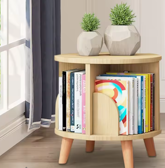 360° Draaibare Houten Boekenplank – Minimalistisch Vloerstaand Opbergrek met 4 Compartimenten, Stabiel Roterend Chassis en Duurzaam Grenenhout, Ideaal voor Woonkamer, Slaapkamer of Kinderkamer