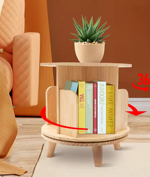 360° Draaibare Houten Boekenplank – Minimalistisch Vloerstaand Opbergrek met 4 Compartimenten, Stabiel Roterend Chassis en Duurzaam Grenenhout, Ideaal voor Woonkamer, Slaapkamer of Kinderkamer