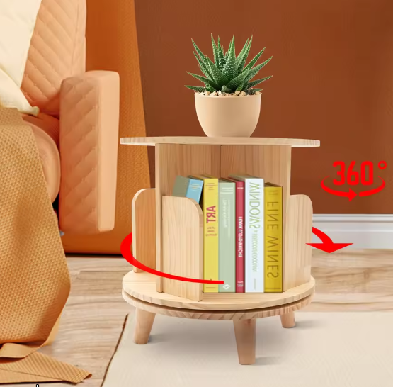 360° Draaibare Houten Boekenplank – Minimalistisch Vloerstaand Opbergrek met 4 Compartimenten, Stabiel Roterend Chassis en Duurzaam Grenenhout, Ideaal voor Woonkamer, Slaapkamer of Kinderkamer