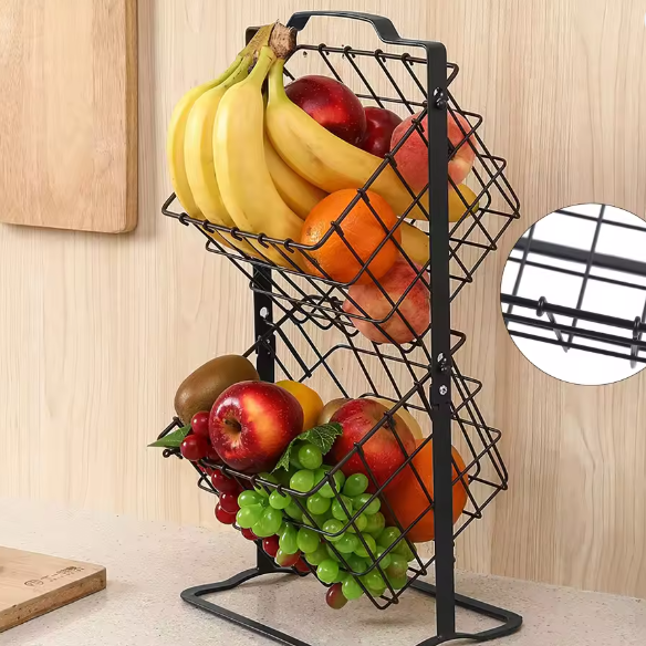 Dubbele Hangende Draadmand – Zwarte Metalen Opbergmand voor Fruit, Groenten en Snacks