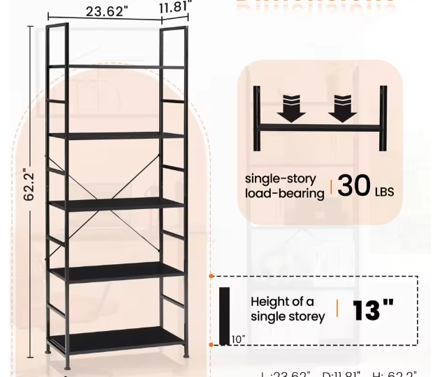 5-Laags Boekenkast – Moderne Smalle Opberger voor Woonkamer, Slaapkamer & Kantoor