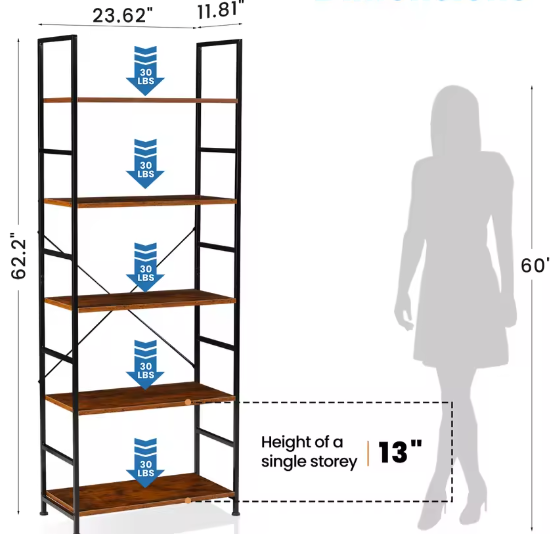 5-Laags Boekenkast – Moderne Smalle Opberger voor Woonkamer, Slaapkamer & Kantoor