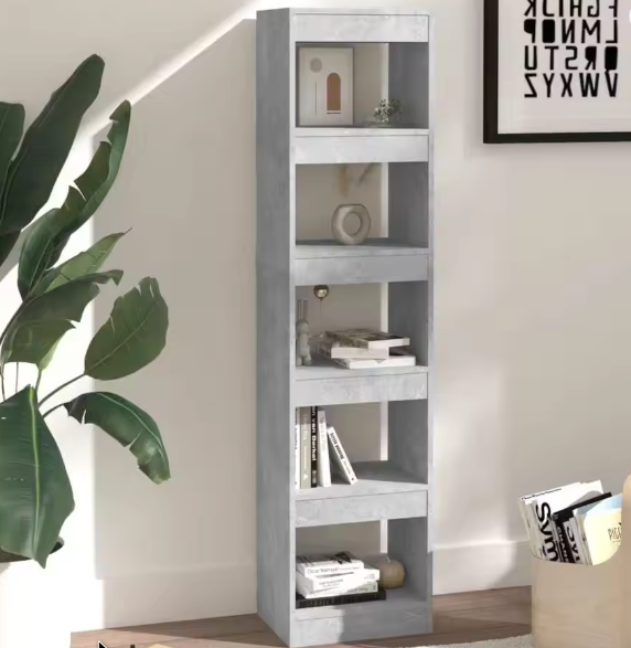Betongrijze Boekenplank – 4-Lagen Kamervoorraad en Verdeler, Moderne Opbergorganizer voor Woonkamer, Slaapkamer, Kantoor en Decoratieve Opslag