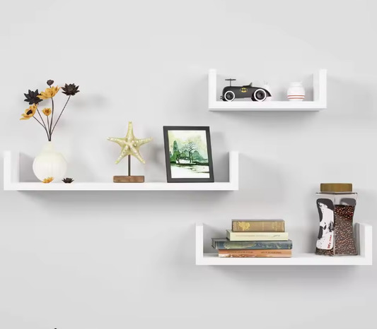 Getone Set van 3 Zwevende Wandplanken – U-Vormige Hangplanken voor Woonkamer, Slaapkamer, Badkamer, Moderne MDF Opbergruimte 60/45/30x15x30 cm
