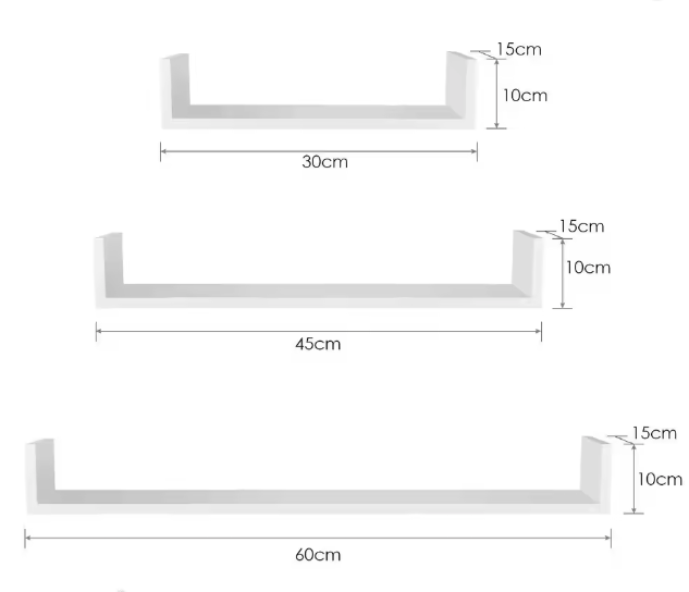 Getone Set van 3 Zwevende Wandplanken – U-Vormige Hangplanken voor Woonkamer, Slaapkamer, Badkamer, Moderne MDF Opbergruimte 60/45/30x15x30 cm