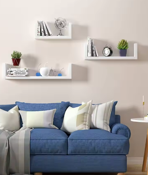 Getone Set van 3 Zwevende Wandplanken – U-Vormige Hangplanken voor Woonkamer, Slaapkamer, Badkamer, Moderne MDF Opbergruimte 60/45/30x15x30 cm
