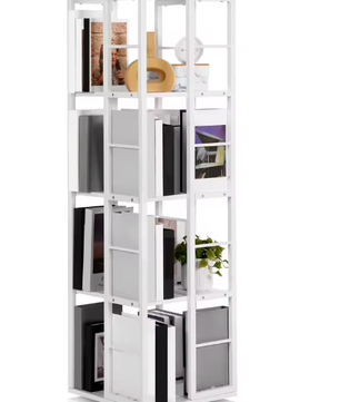 Witte 4-laags draaibare boekenplank – Vierkante stijl, Hout en IJzer, Compacte Roterende Opberger voor Woonkamer, Slaapkamer, Kinderkamer