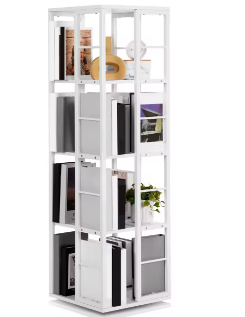 Witte 4-laags draaibare boekenplank – Vierkante stijl, Hout en IJzer, Compacte Roterende Opberger voor Woonkamer, Slaapkamer, Kinderkamer