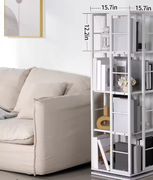Witte 4-laags draaibare boekenplank – Vierkante stijl, Hout en IJzer, Compacte Roterende Opberger voor Woonkamer, Slaapkamer, Kinderkamer