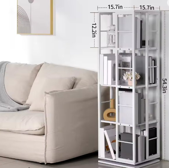 Witte 4-laags draaibare boekenplank – Vierkante stijl, Hout en IJzer, Compacte Roterende Opberger voor Woonkamer, Slaapkamer, Kinderkamer