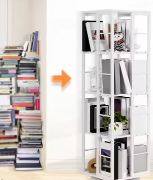 Witte 4-laags draaibare boekenplank – Vierkante stijl, Hout en IJzer, Compacte Roterende Opberger voor Woonkamer, Slaapkamer, Kinderkamer