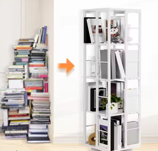 Witte 4-laags draaibare boekenplank – Vierkante stijl, Hout en IJzer, Compacte Roterende Opberger voor Woonkamer, Slaapkamer, Kinderkamer