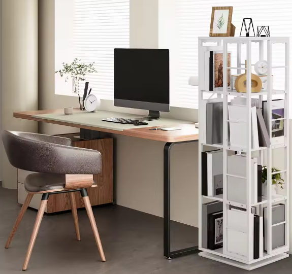Witte 4-laags draaibare boekenplank – Vierkante stijl, Hout en IJzer, Compacte Roterende Opberger voor Woonkamer, Slaapkamer, Kinderkamer