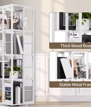 Witte 4-laags draaibare boekenplank – Vierkante stijl, Hout en IJzer, Compacte Roterende Opberger voor Woonkamer, Slaapkamer, Kinderkamer