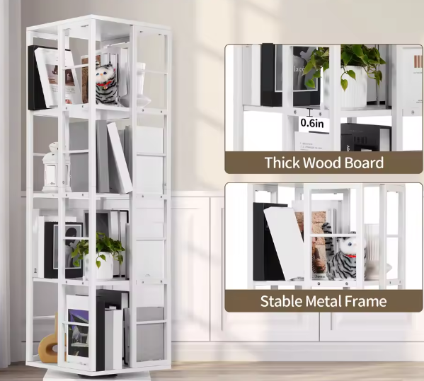 Witte 4-laags draaibare boekenplank – Vierkante stijl, Hout en IJzer, Compacte Roterende Opberger voor Woonkamer, Slaapkamer, Kinderkamer