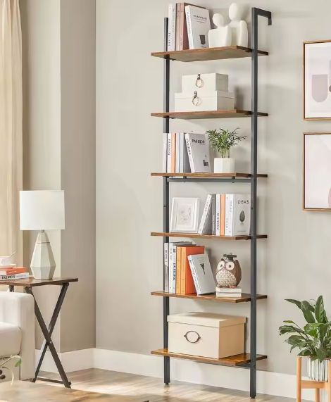 6-laags ladder boekenplank – Industriële stijl, hout en staal, multifunctionele opberger voor boeken, decoratie, woonkamer, kantoor of slaapkamer